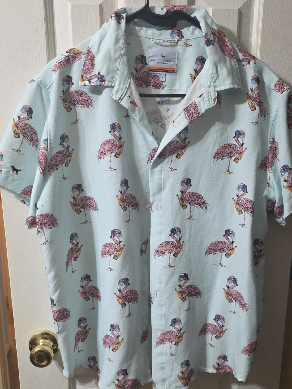Simply Southern Mint Blue Flamingo Print Camp Shirt